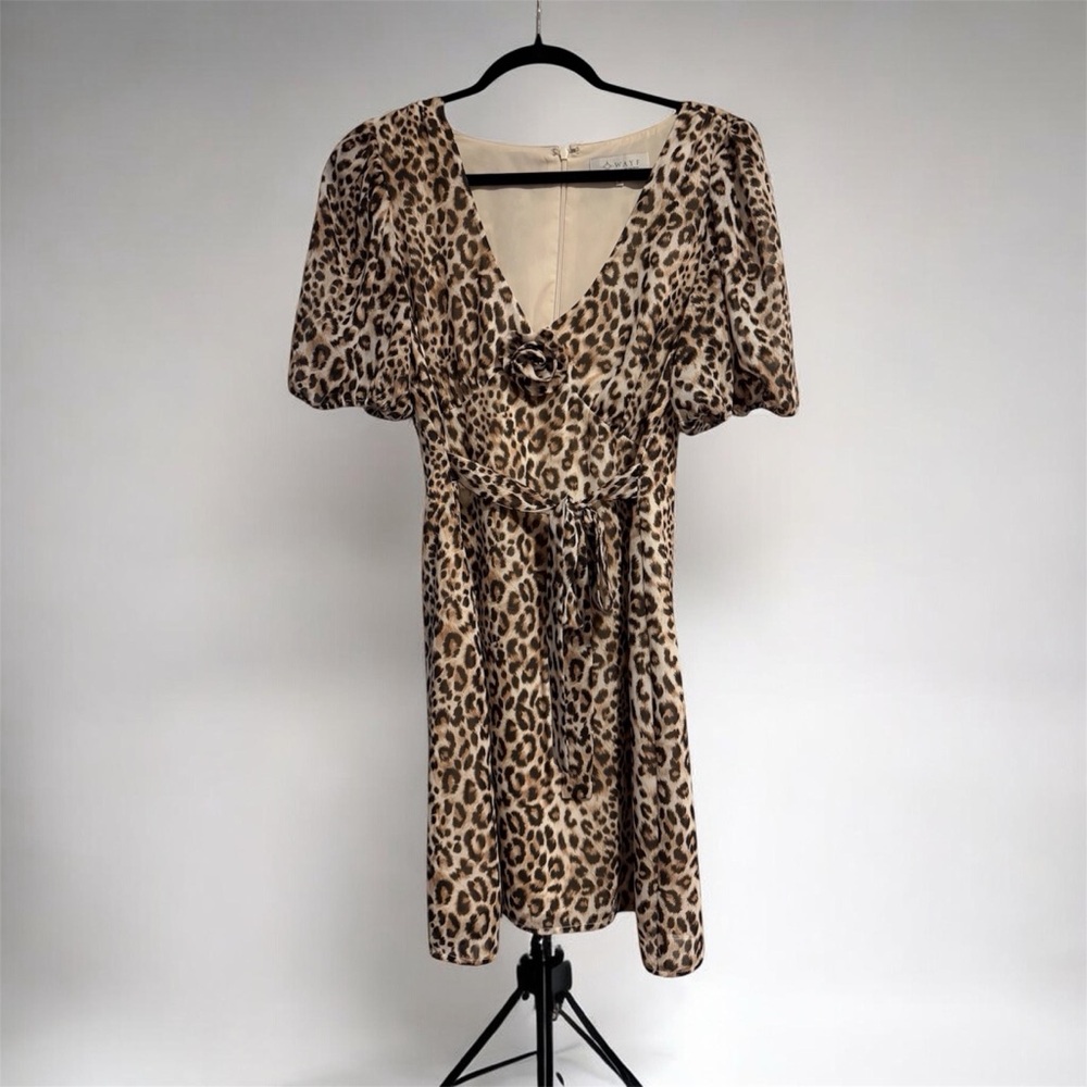 Wayf Leopard Print V-Neck Wrap Dress in Tan and Black